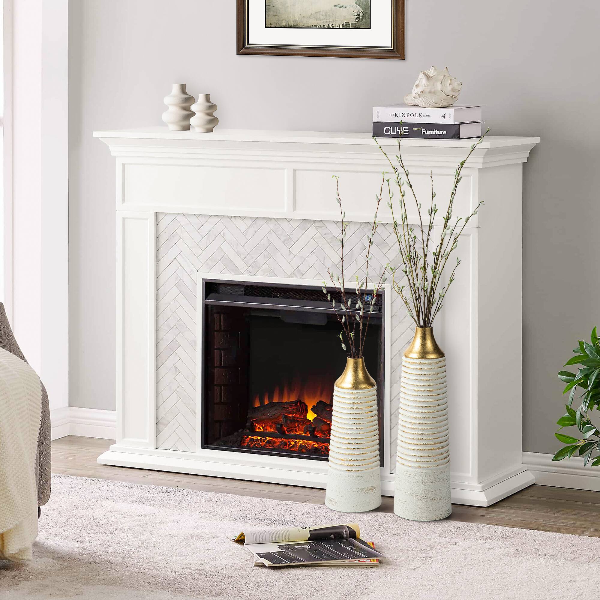 Glitzhome® Modern White & Gold Striped Metal Floor Vases Set